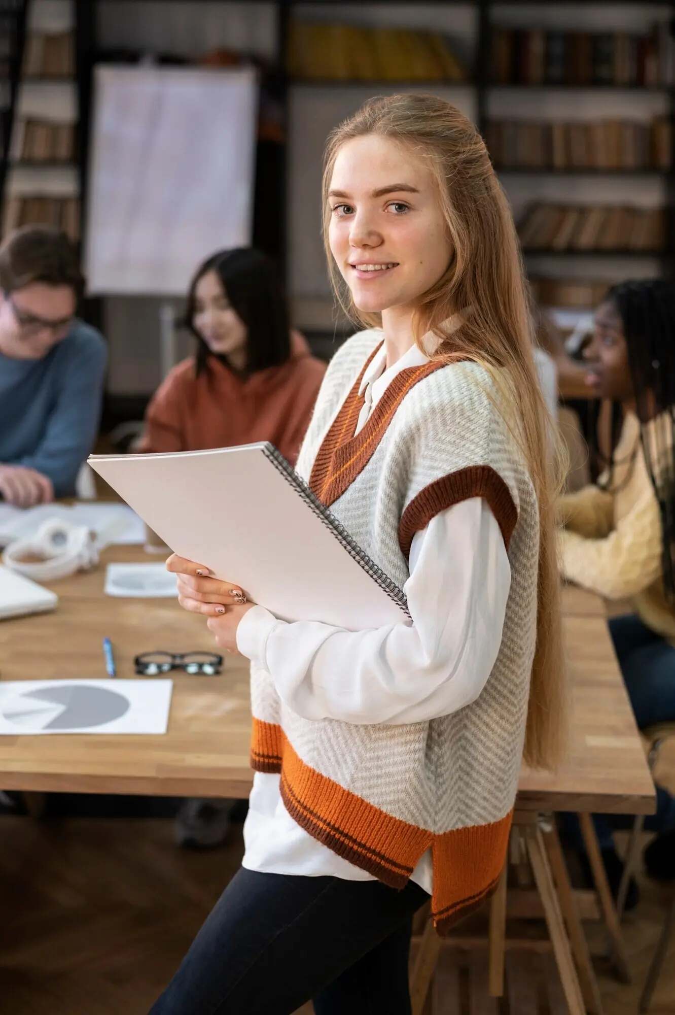 Student posiert während einer Gruppenlernsitzung mit Kollegen.